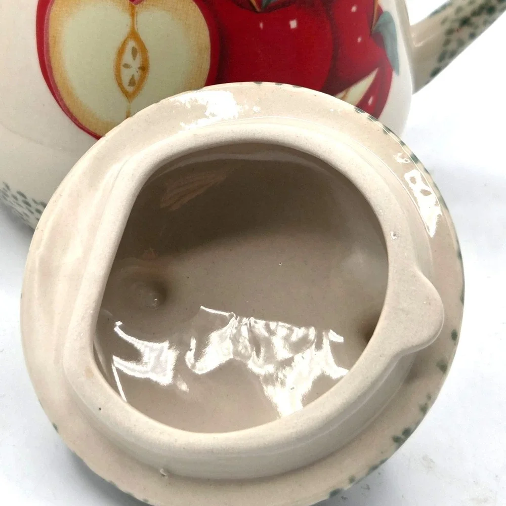 Vintage 1996 Tender Heart Treasures Ceramic Teapot Red Apples & Green Spongeware